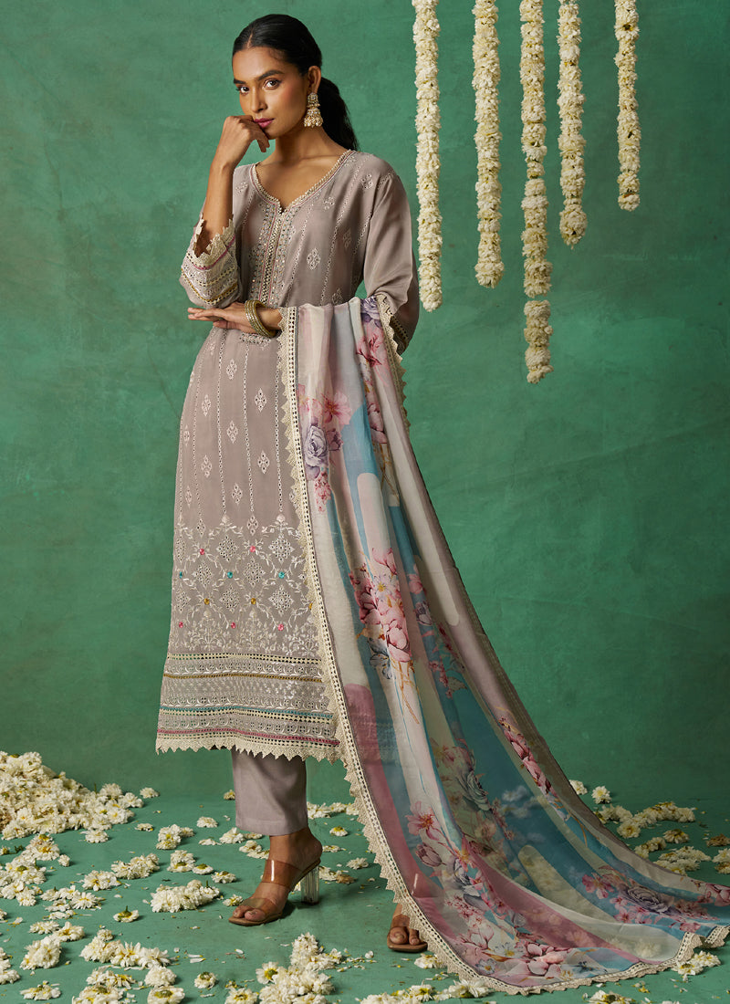 Vegaa Fashion Beige Pure Organza Embroidered Wedding Wear Suit