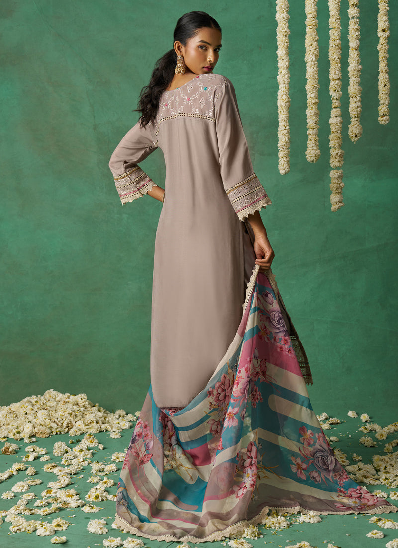 Vegaa Fashion Beige Pure Organza Embroidered Wedding Wear Suit