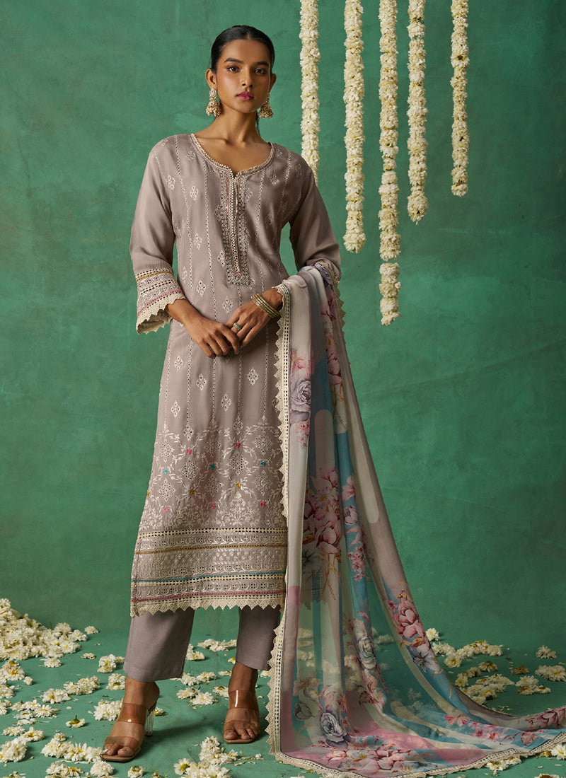 Vegaa Fashion Beige Pure Organza Embroidered Wedding Wear Suit