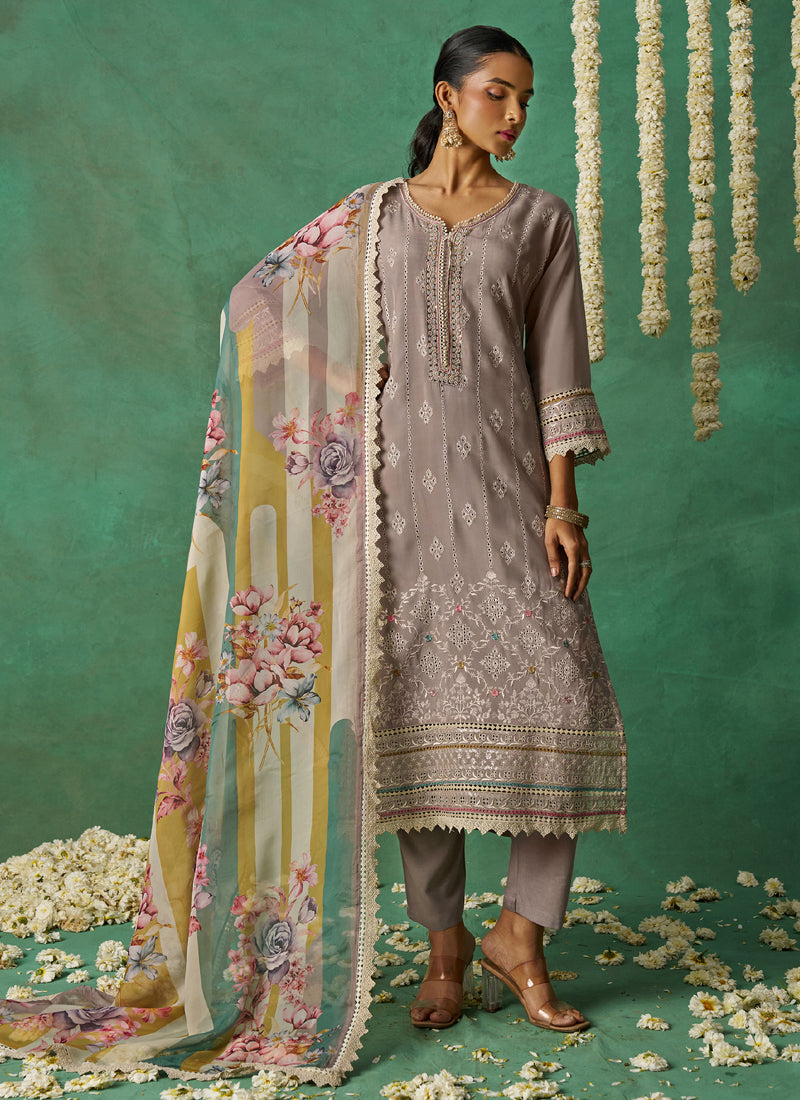 Vegaa Fashion Beige Pure Organza Embroidered Wedding Wear Suit