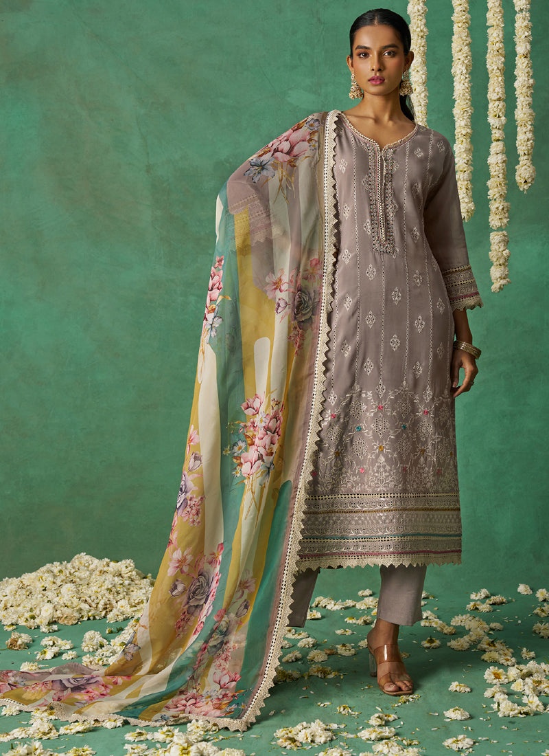 Vegaa Fashion Beige Pure Organza Embroidered Wedding Wear Suit