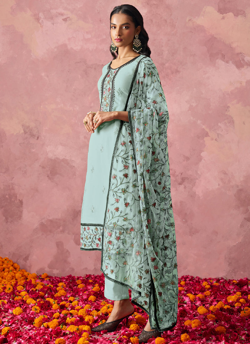 Sky Blue Georgette Embroidered Salwar Suit for Festive Events