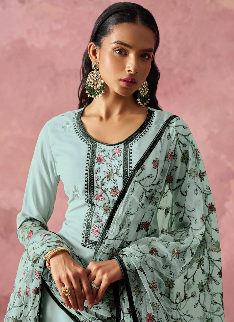 Sky Blue Georgette Embroidered Salwar Suit for Festive Events
