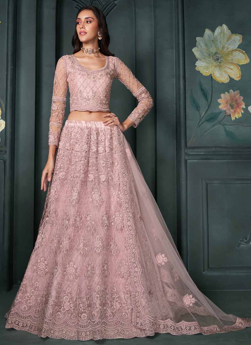 Dusty Pink Designer Net Embroidery Bridal Lehenga