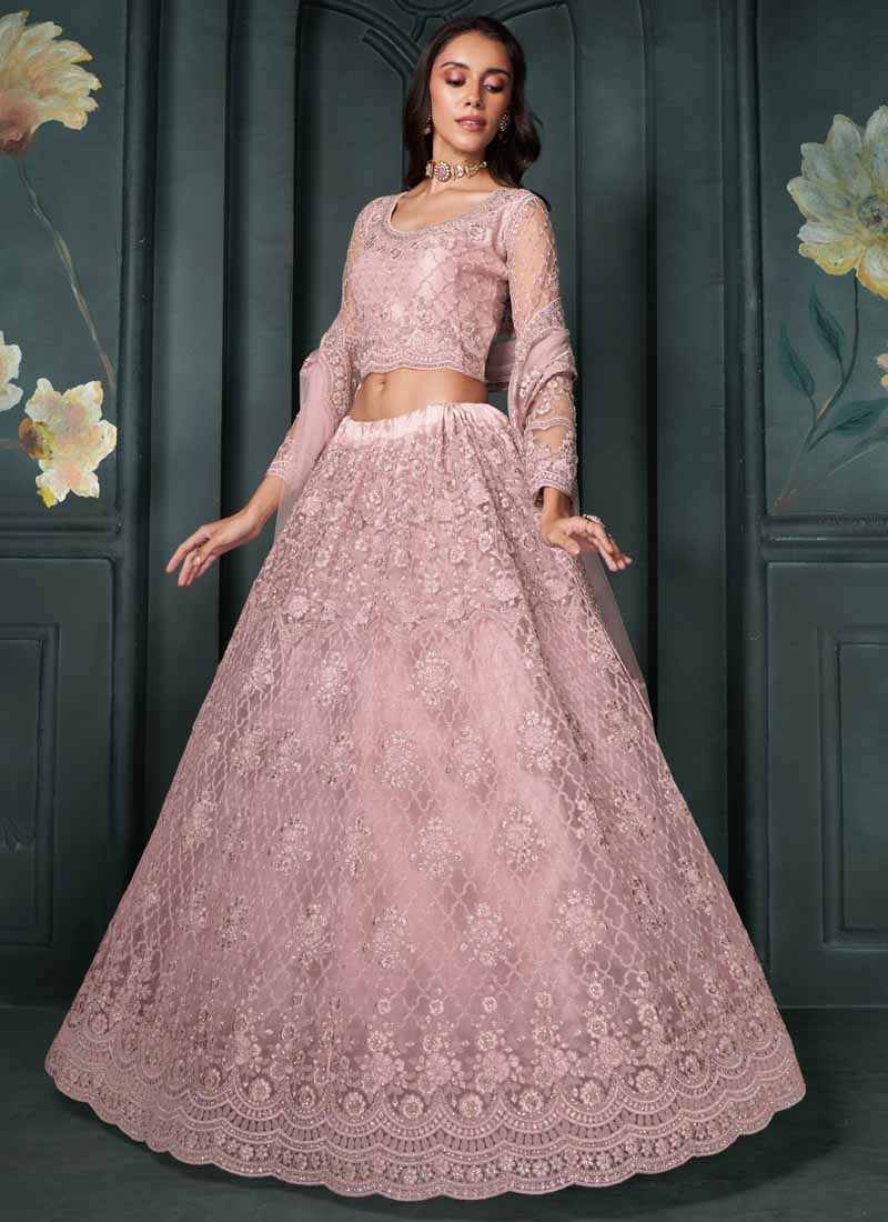 Dusty Pink Designer Net Embroidery Bridal Lehenga