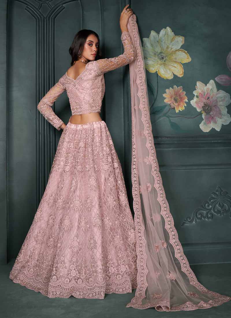 Dusty Pink Designer Net Embroidery Bridal Lehenga
