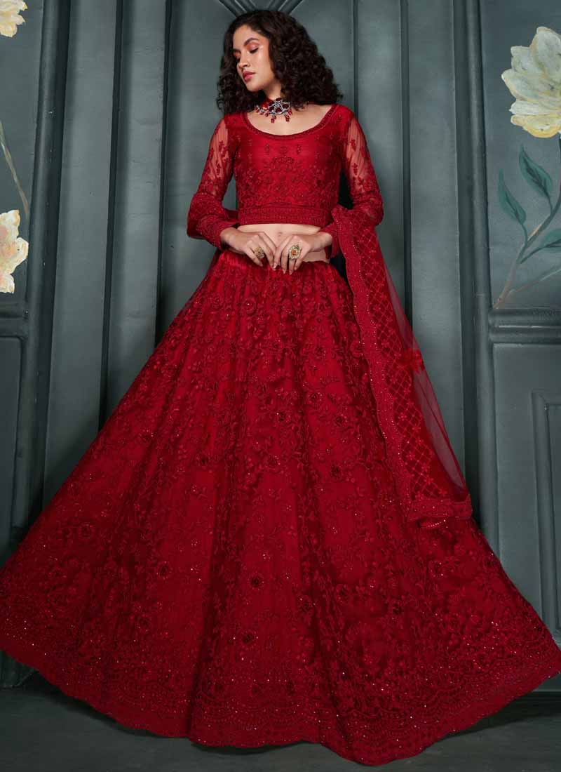 Red Net Embroidered Bridal Lehenga Set with Matching Choli