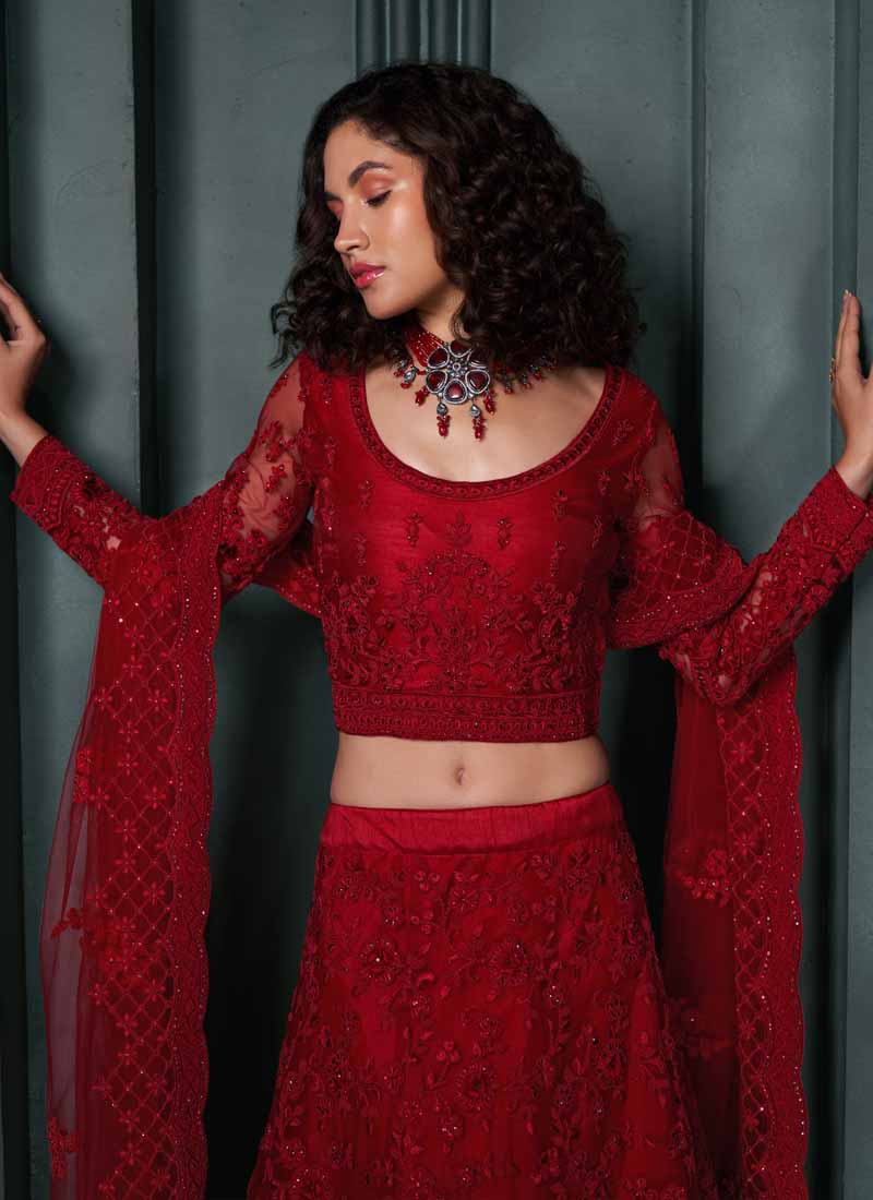 Red Net Embroidered Bridal Lehenga Set with Matching Choli