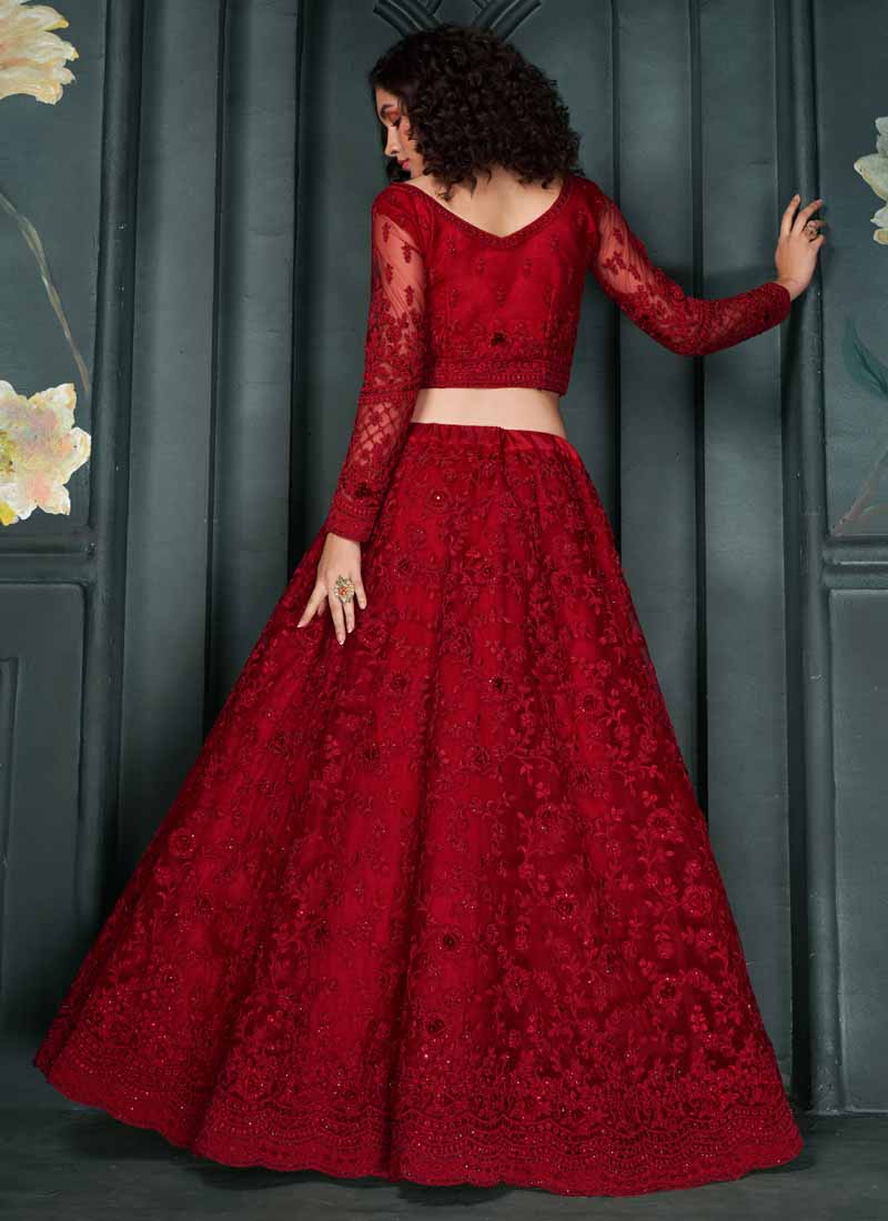 Red Net Embroidered Bridal Lehenga Set with Matching Choli