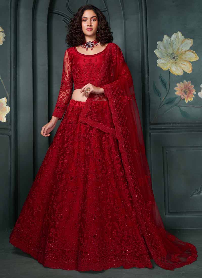 Dista red net bridal lehenga featuring intricate embroidery with choli and dupatta
