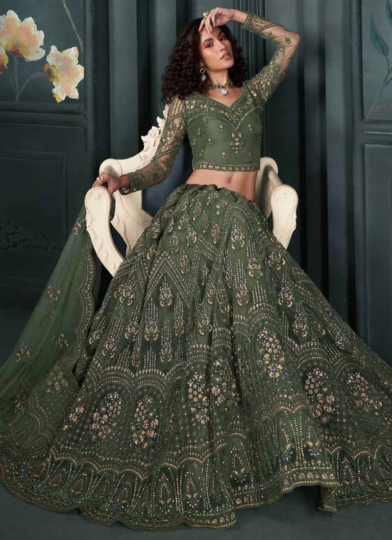 Mehendi Green Net Embroidered Bridal Lehenga Set for Weddings