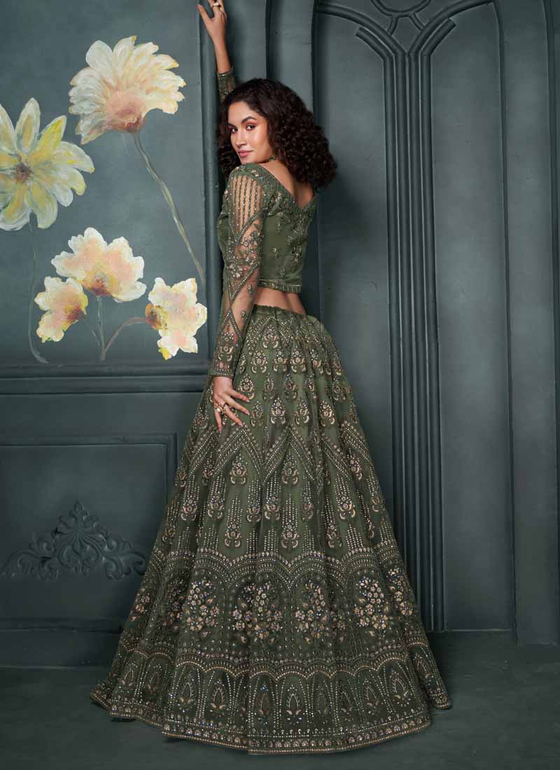 Mehendi Green Net Embroidered Bridal Lehenga Set for Weddings