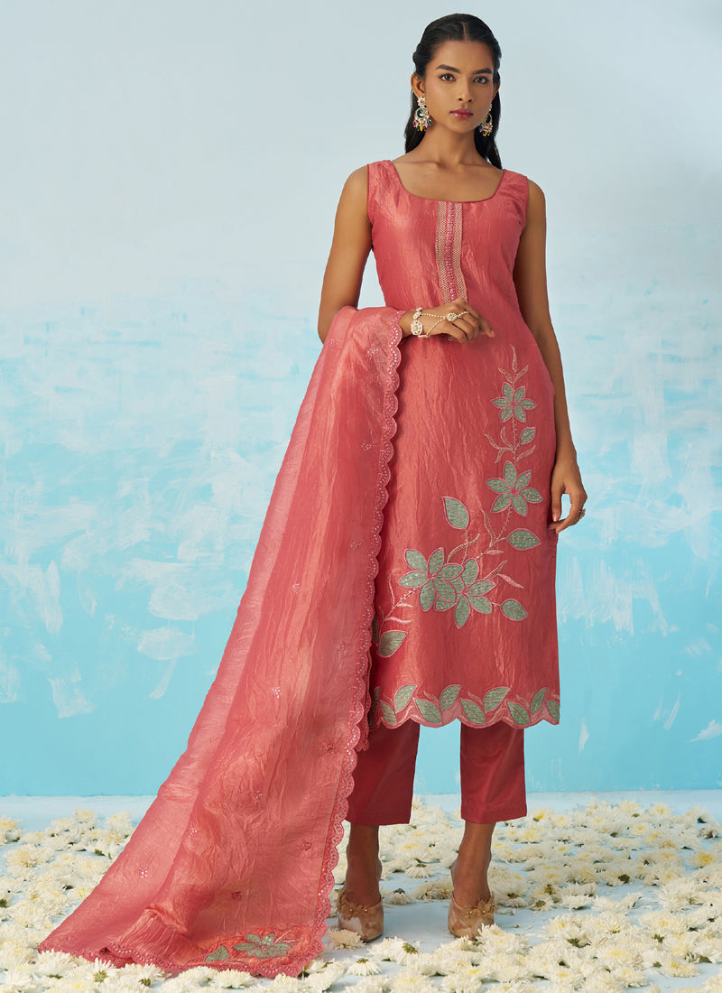 Blush Red Silk Embroidered A-Line Salwar Suit Set with Dupatta