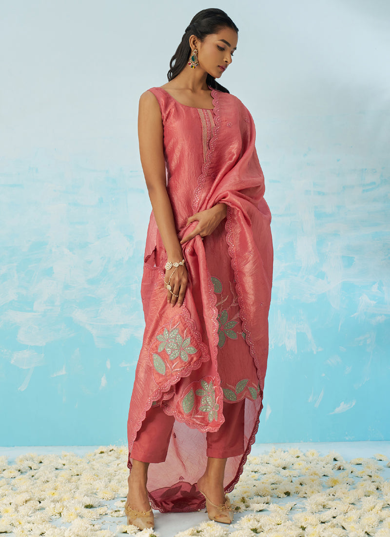 Blush Red Silk Embroidered A-Line Salwar Suit Set with Dupatta