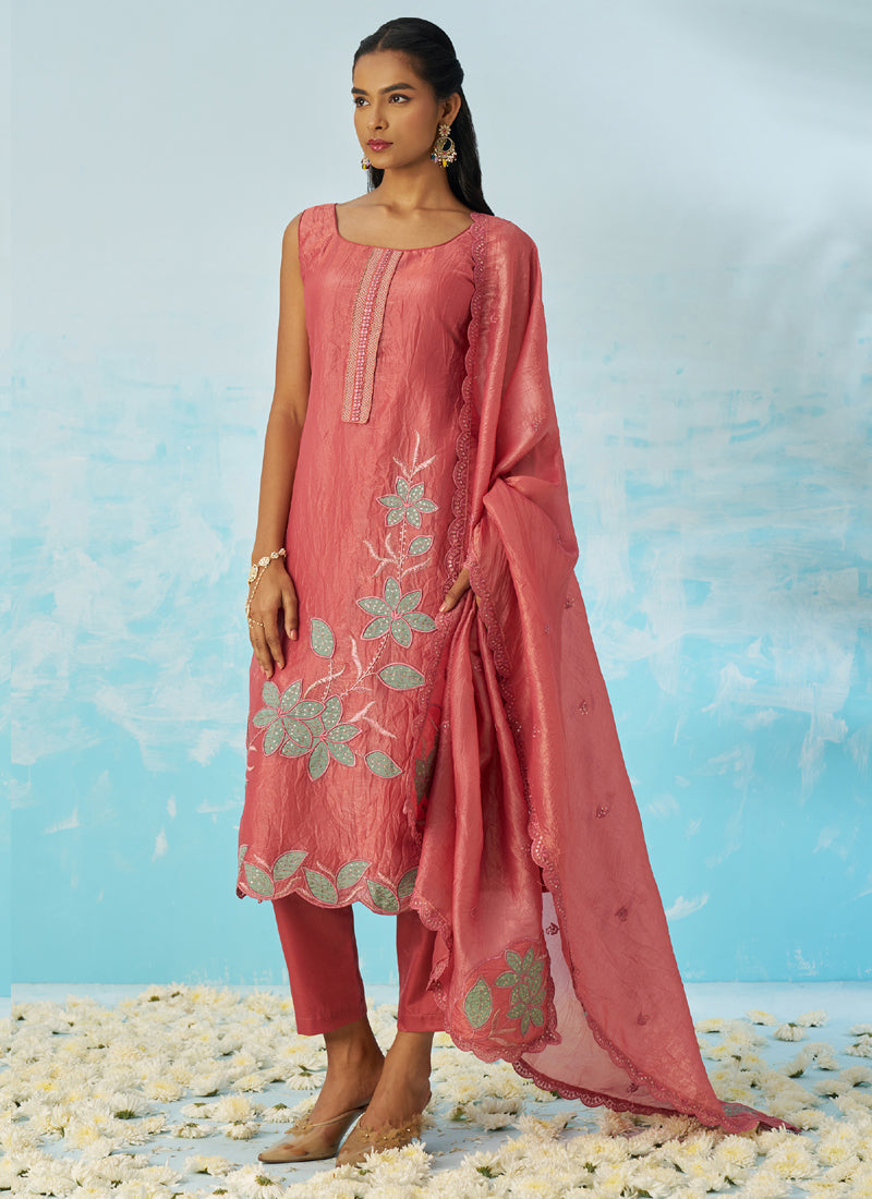 Blush Red Silk Embroidered A-Line Salwar Suit Set with Dupatta