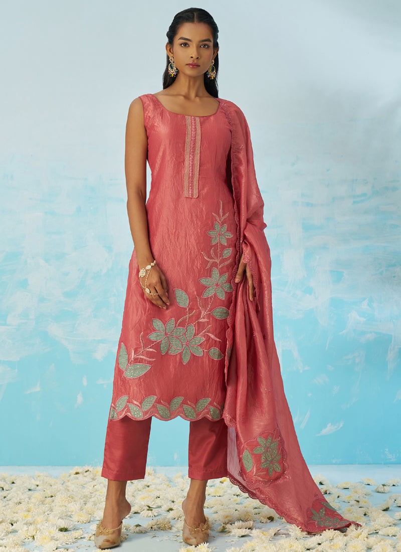 Blush Red Silk A-line Salwar Suit with intricate embroidery, including top, bottom, and dupatta.