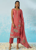 Blush Red Silk A-line Salwar Suit with intricate embroidery, including top, bottom, and dupatta.