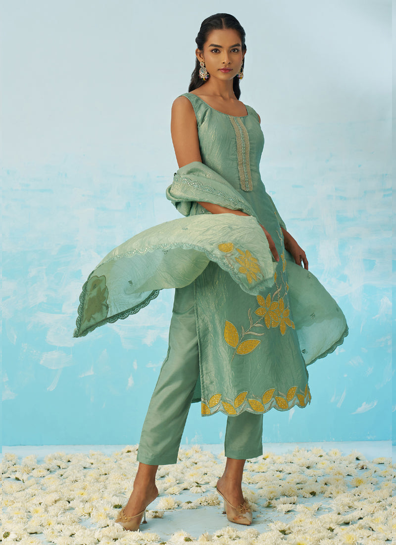 Light Green Silk Embroidered A-Line Salwar Suit Set