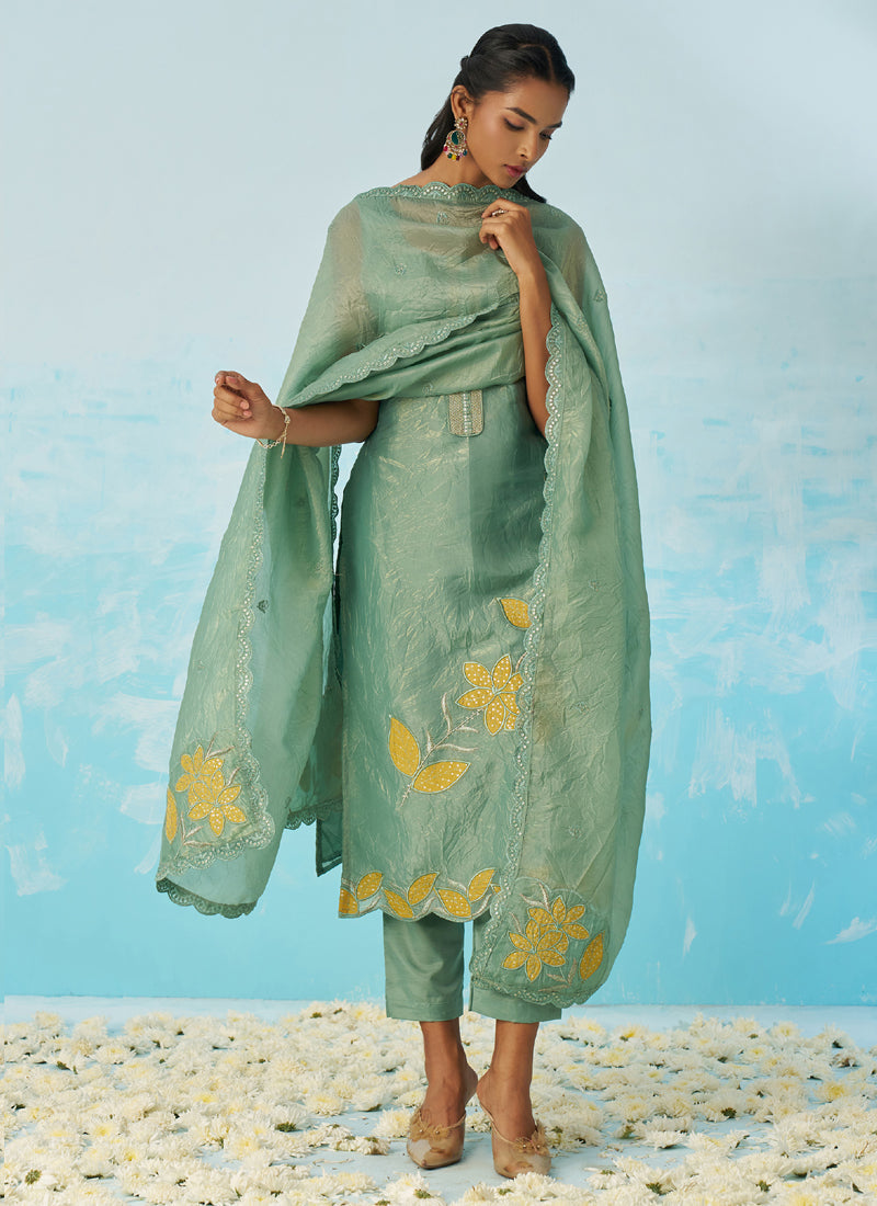 Light Green Silk Embroidered A-Line Salwar Suit Set