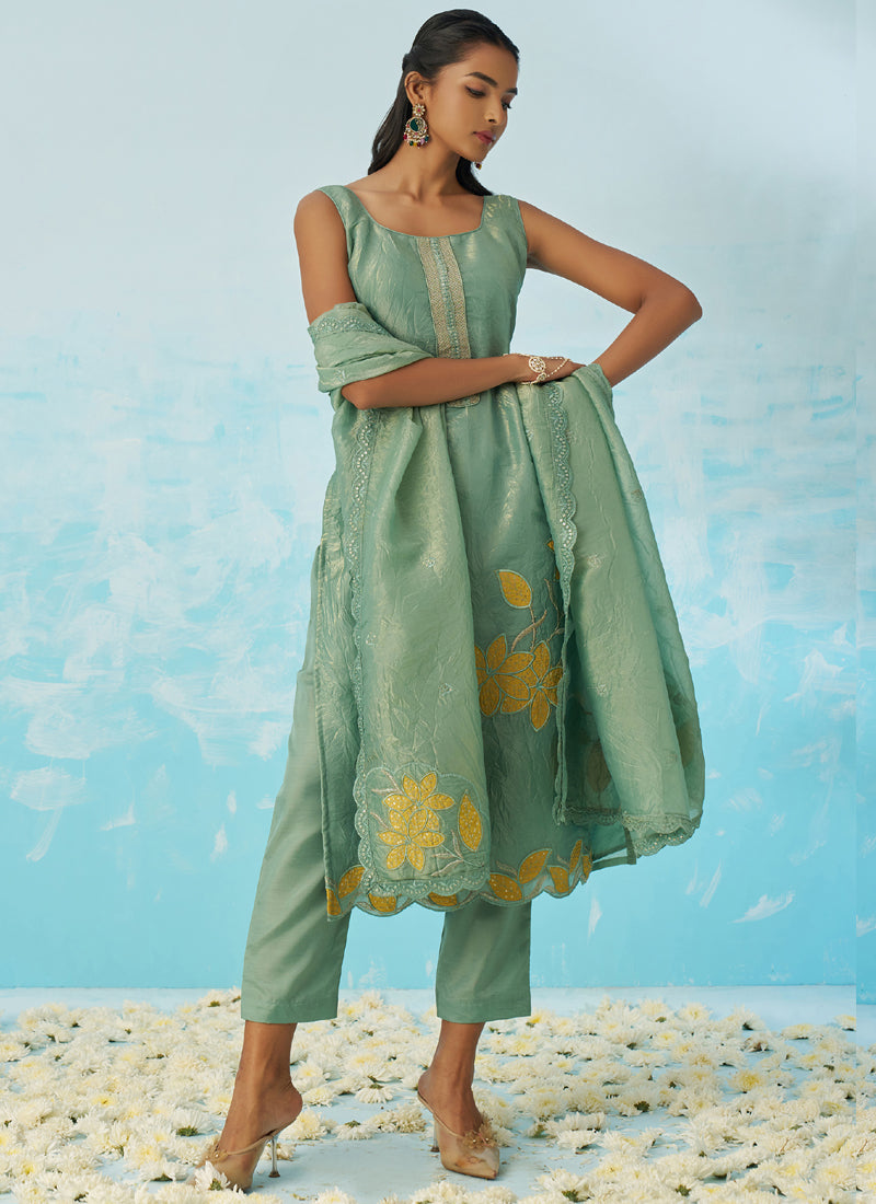 Light Green Silk Embroidered A-Line Salwar Suit Set