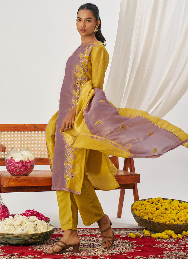 Yellow and Lavender organza party wear suit with Gota Patti and embroidery