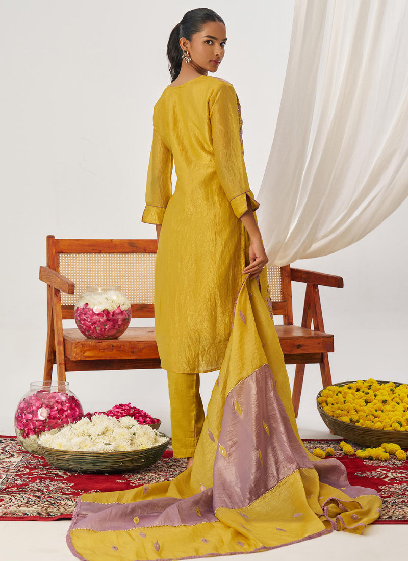 Yellow and Lavender Organza Embroidered Party Wear Suit