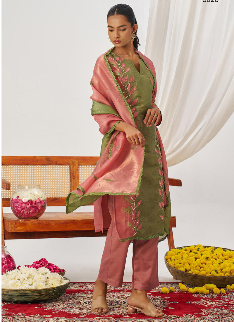 Peach Organza Embroidered Party Wear Suit Set with Gota Patti