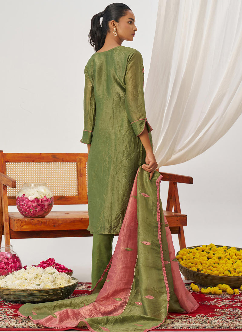Peach Organza Embroidered Party Wear Suit Set with Gota Patti
