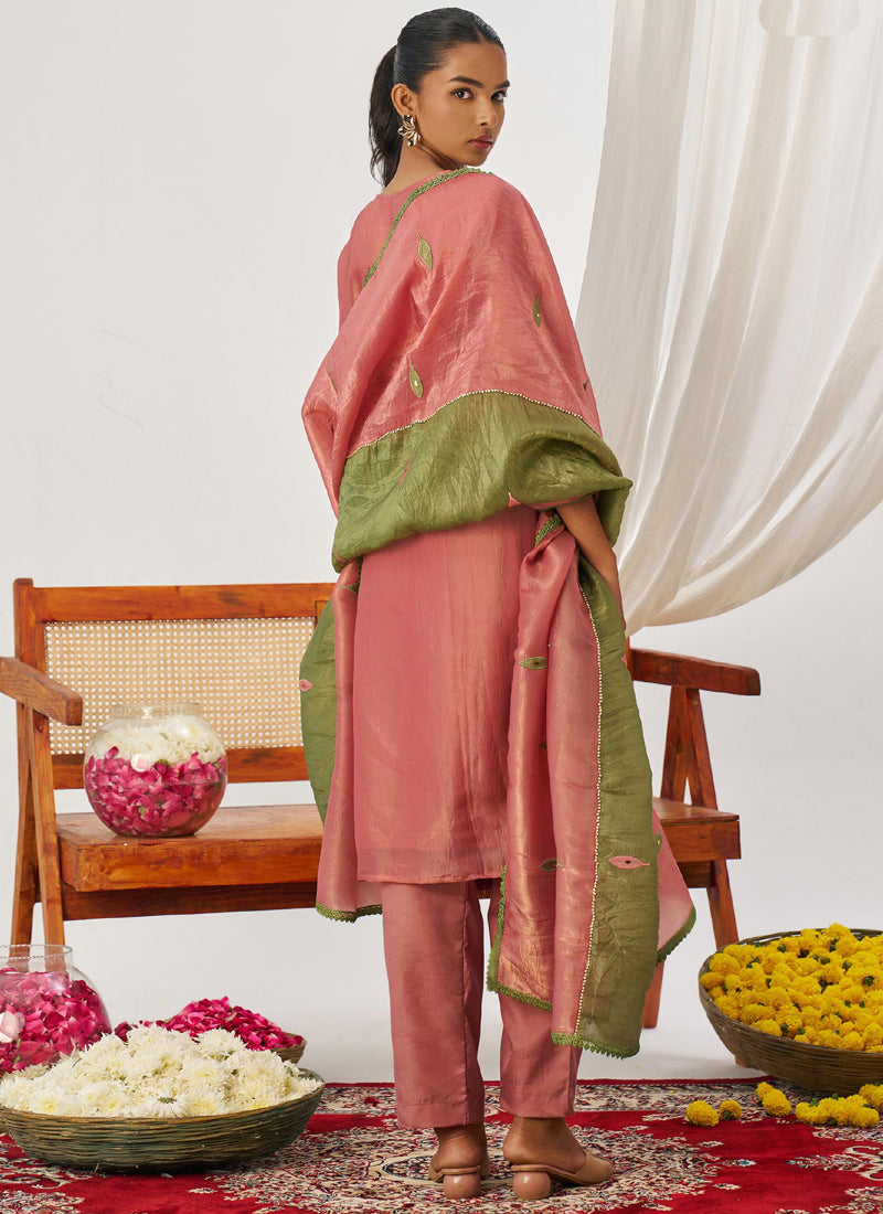 Peach Organza Embroidered Party Wear Suit Set with Gota Patti