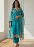 Sky blue shimmer organza suit with intricate Gota Patti embroidery and festive party wear detailing.