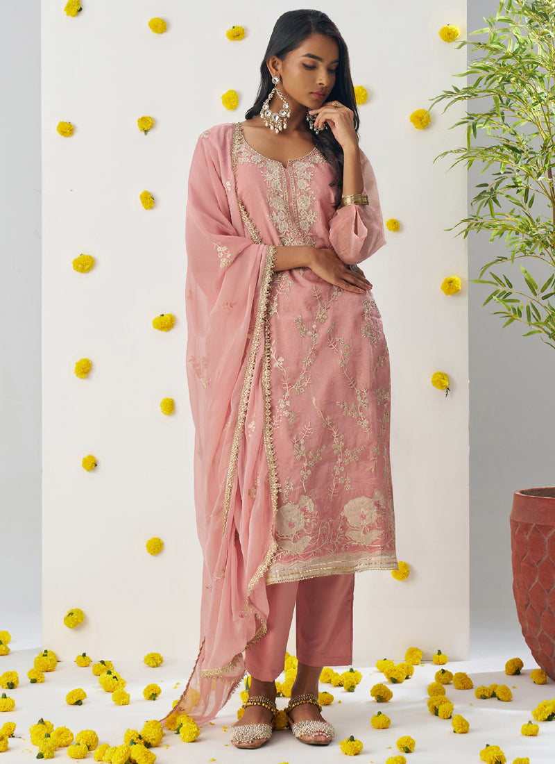 Light Peach A-Line Organza Embroidered Salwar Suit
