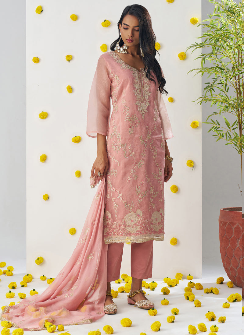 Light Peach A-Line Organza Embroidered Salwar Suit