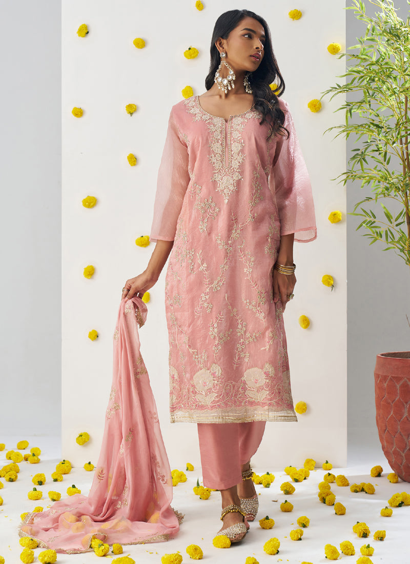 Light Peach A-Line Organza Embroidered Salwar Suit