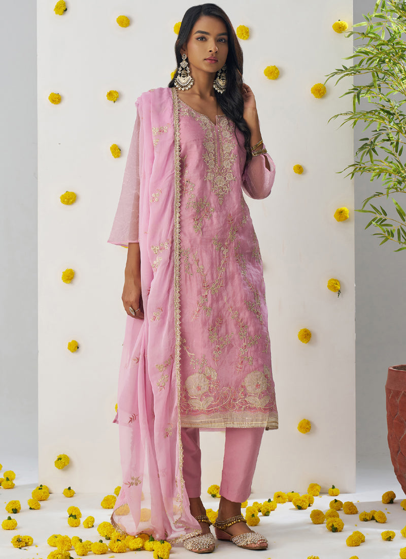 Baby Pink Organza Embroidered A-Line Salwar Suit Set for Girls
