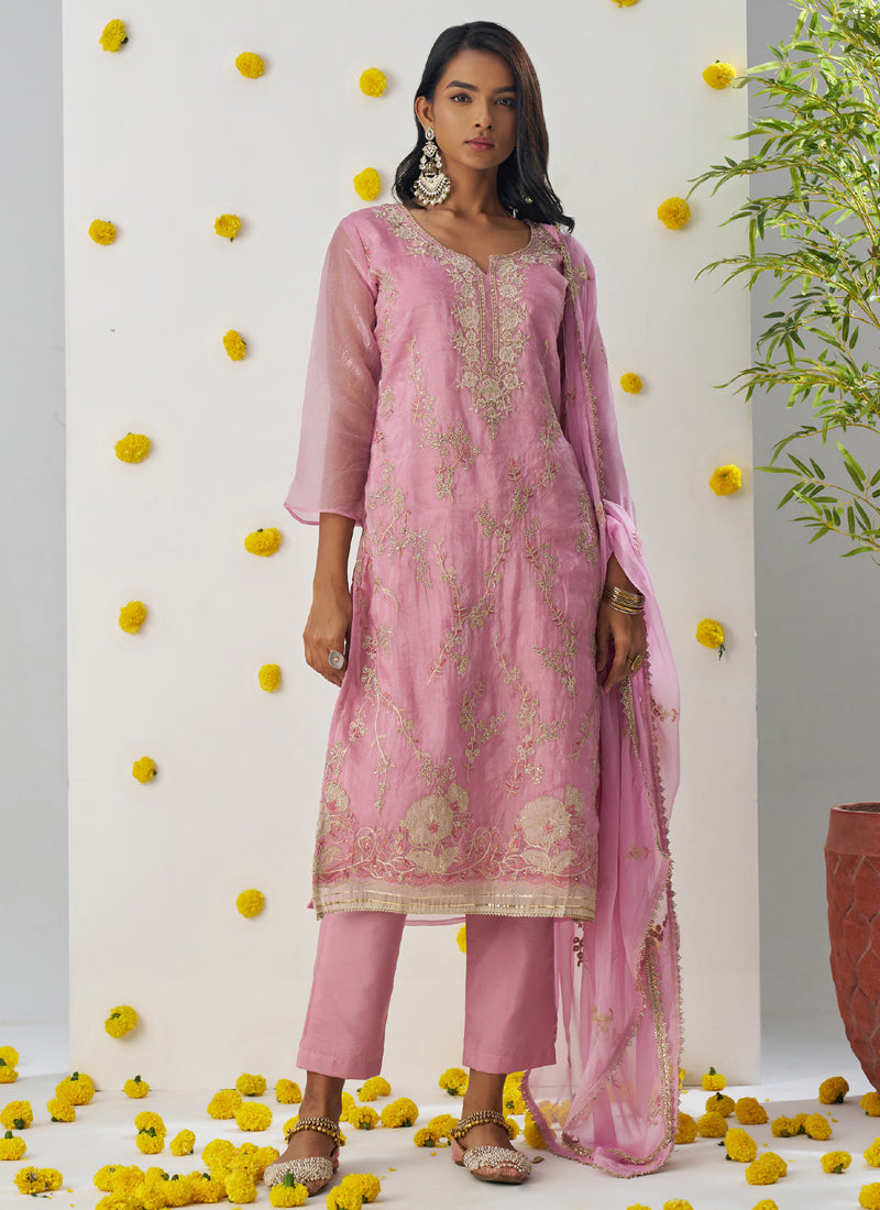 Baby Pink Organza Embroidered A-Line Salwar Suit Set for Girls