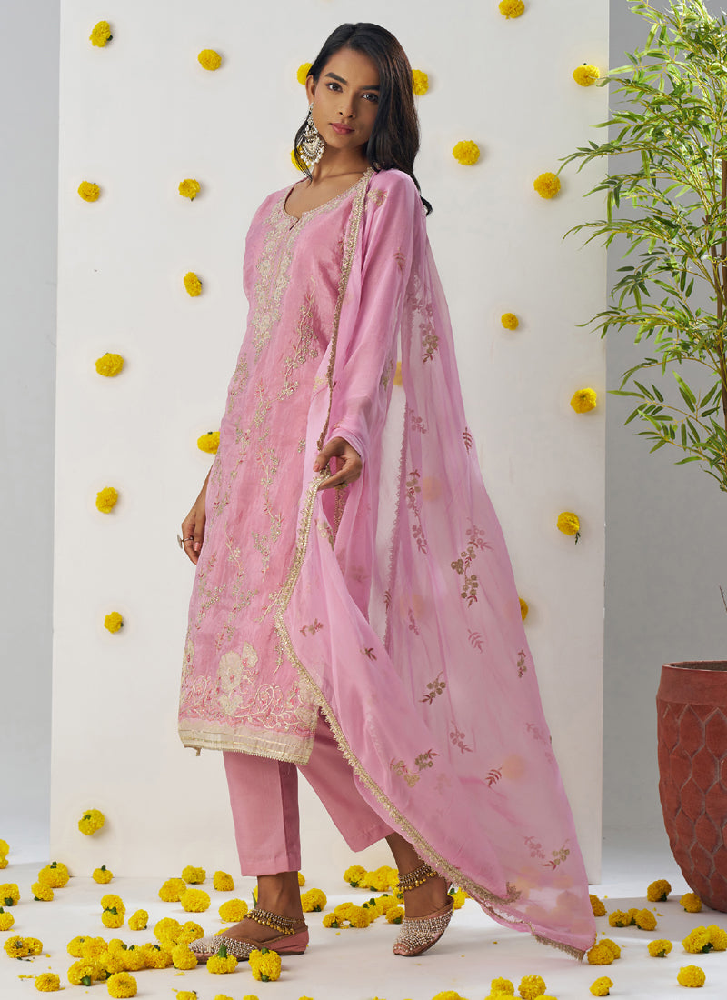Baby Pink Organza Embroidered A-Line Salwar Suit Set for Girls