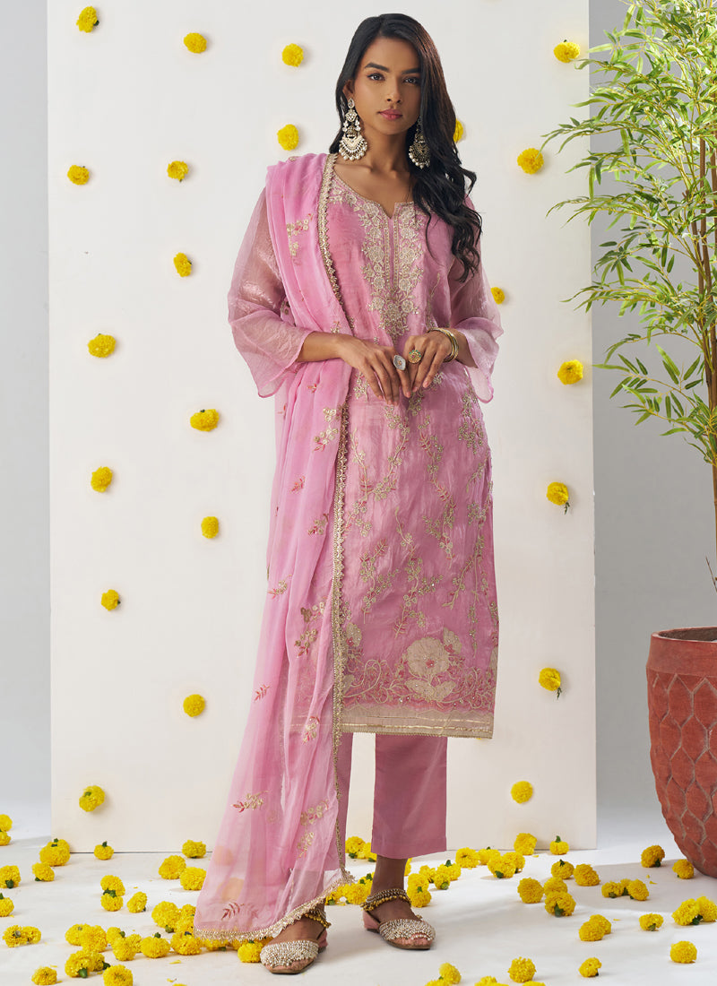 Baby pink A-line organza salwar suit with delicate embroidery for young girls
