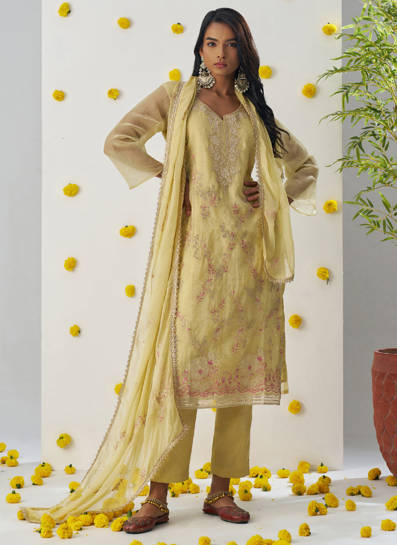 Light Yellow A-Line Organza Embroidered Salwar Suit