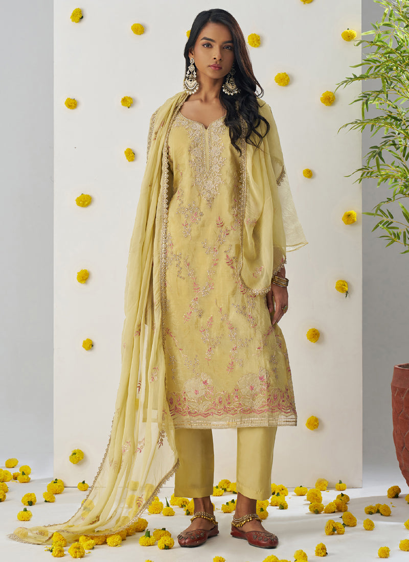 Light Yellow A-Line Organza Embroidered Salwar Suit