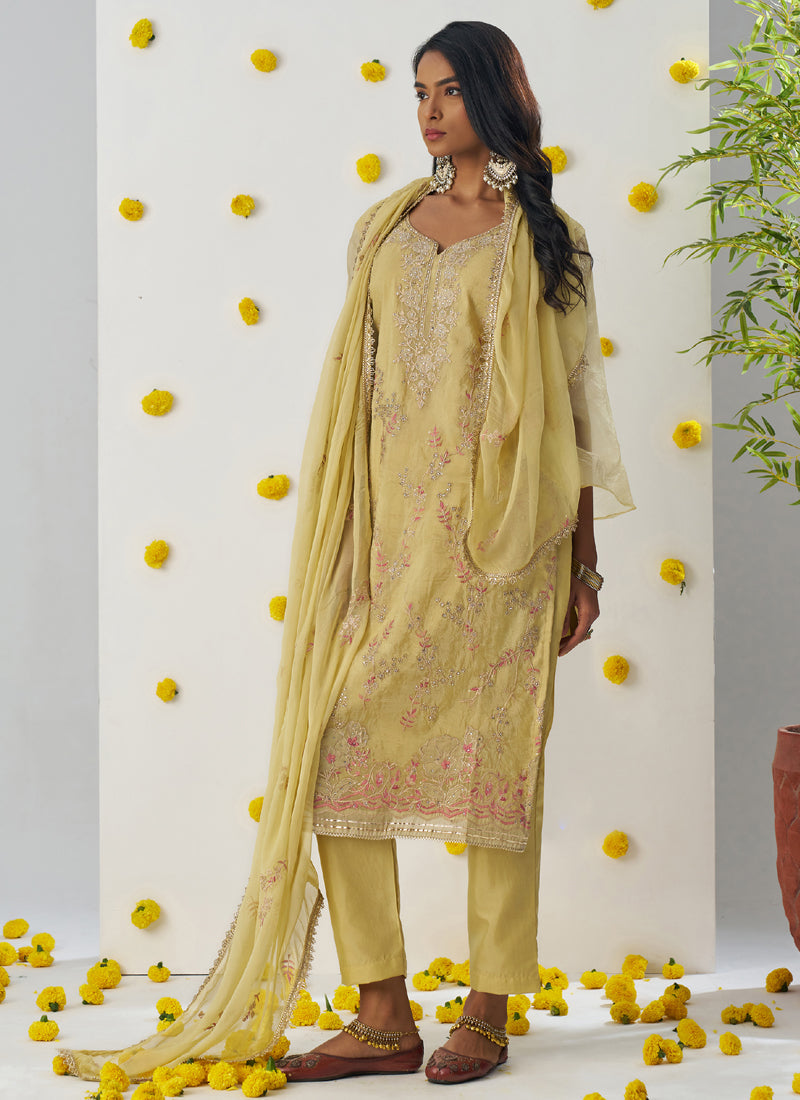 Light Yellow A-Line Organza Embroidered Salwar Suit