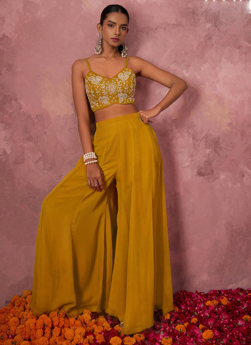 Yellow Georgette Handwork Western Wear Suit with Cape and Palazzo