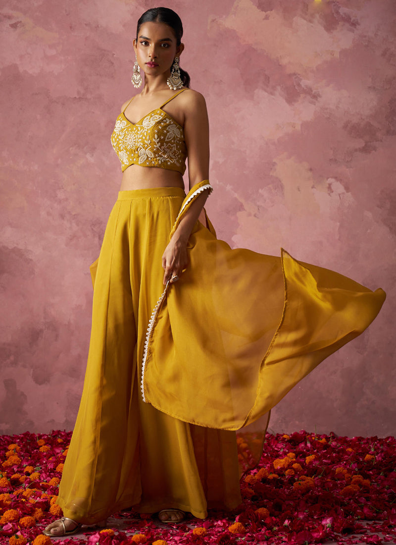 Yellow Georgette Handwork Western Wear Suit with Cape and Palazzo