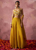 Yellow georgette handwork suit with cape, palazzo, and embroidered A-line blouse