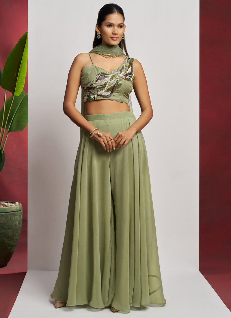 Sea Green Georgette Khatli Work Western Sharara Set