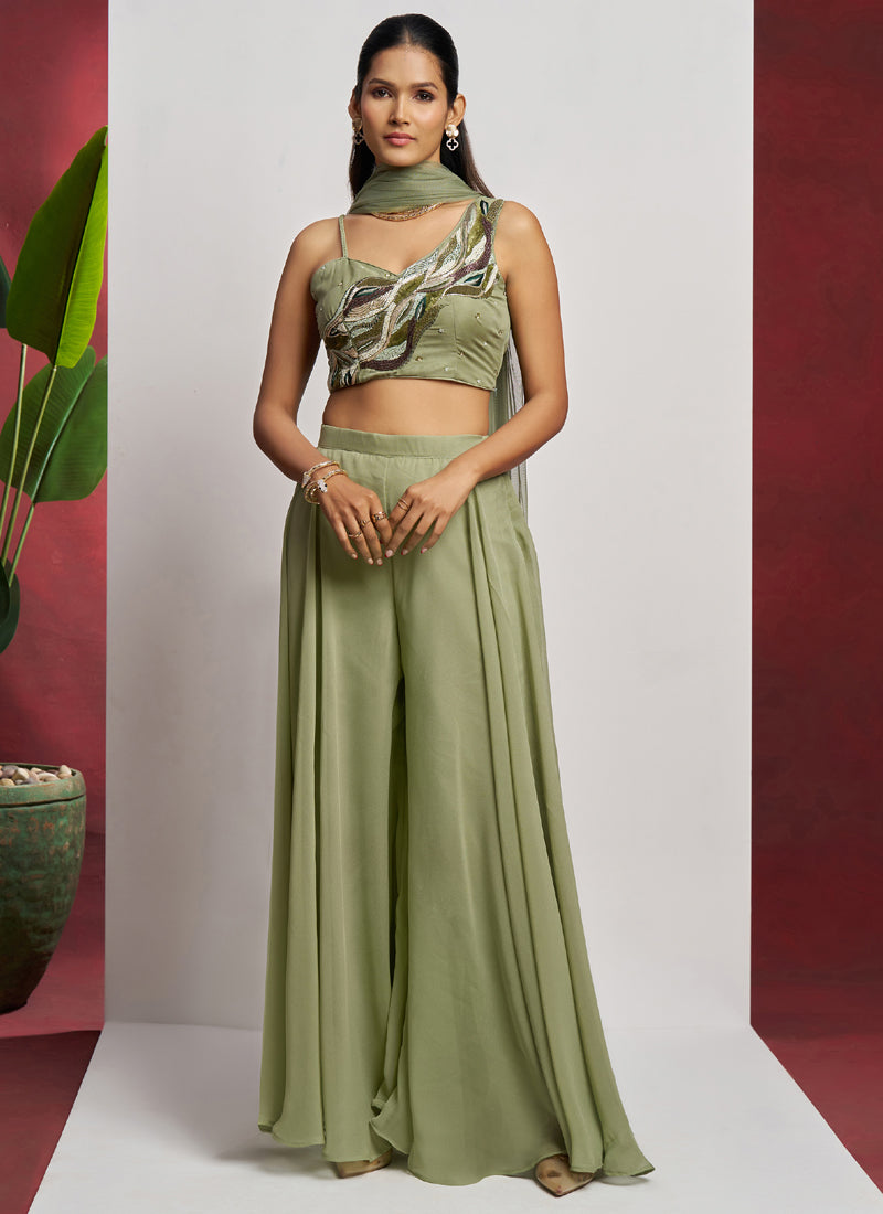 Sea Green Georgette Khatli Work Western Sharara Set