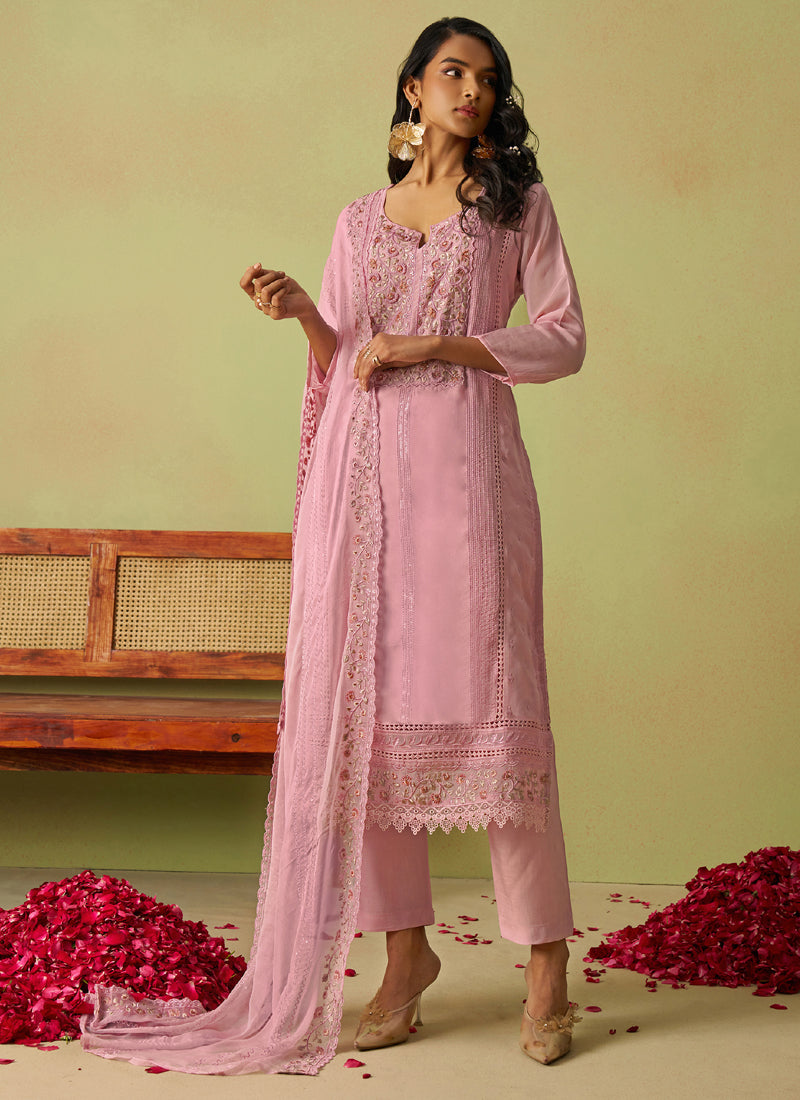 Pure Organza Embroidered Baby Pink Salwar Suit Set for Toddlers