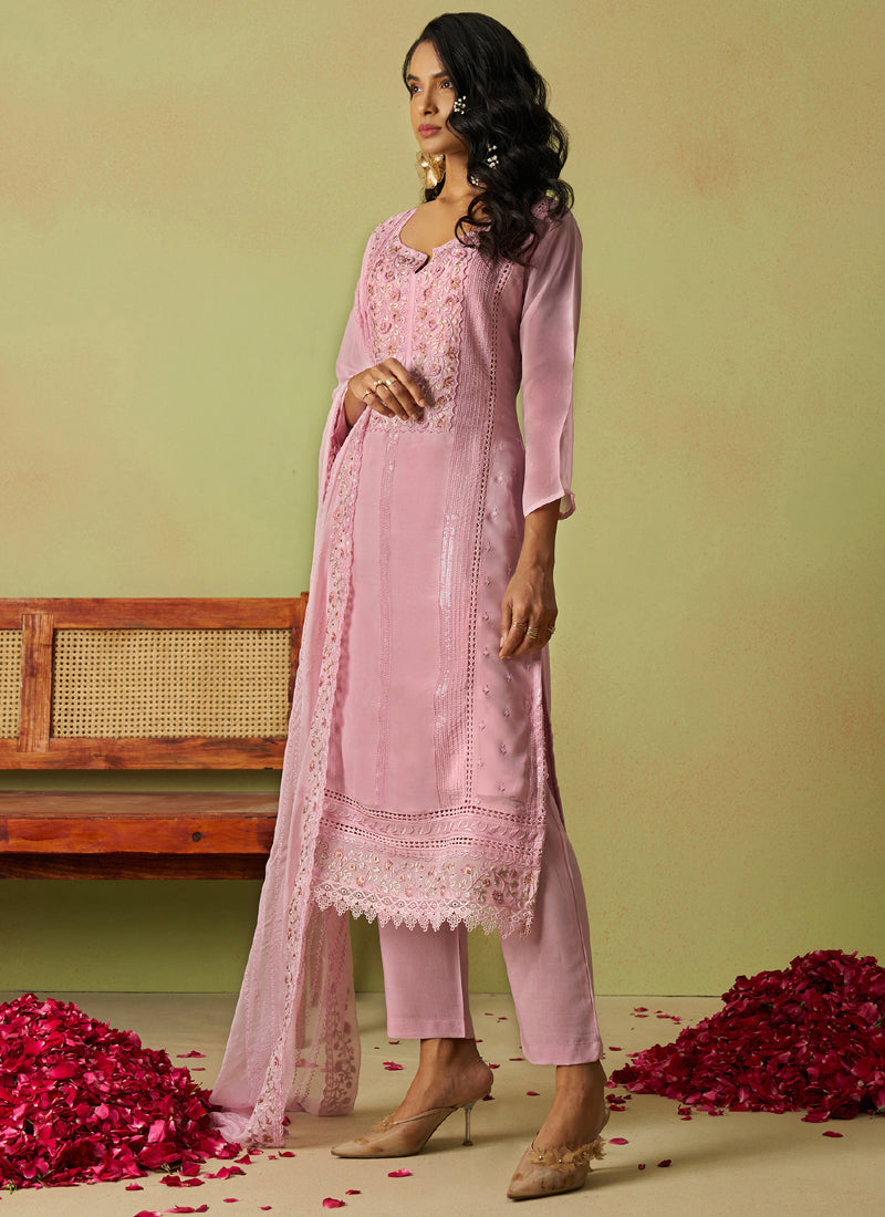 Pure Organza Embroidered Baby Pink Salwar Suit Set for Toddlers