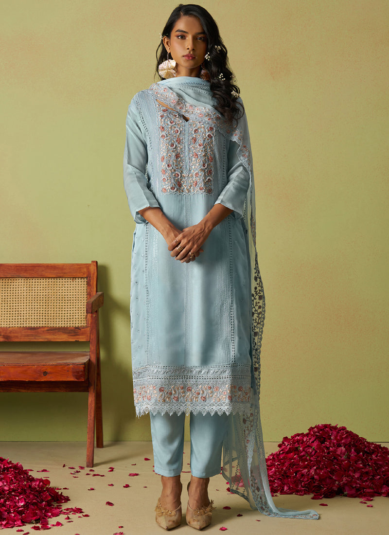 Sky Blue A-Line Organza Embroidered Salwar Suit Set