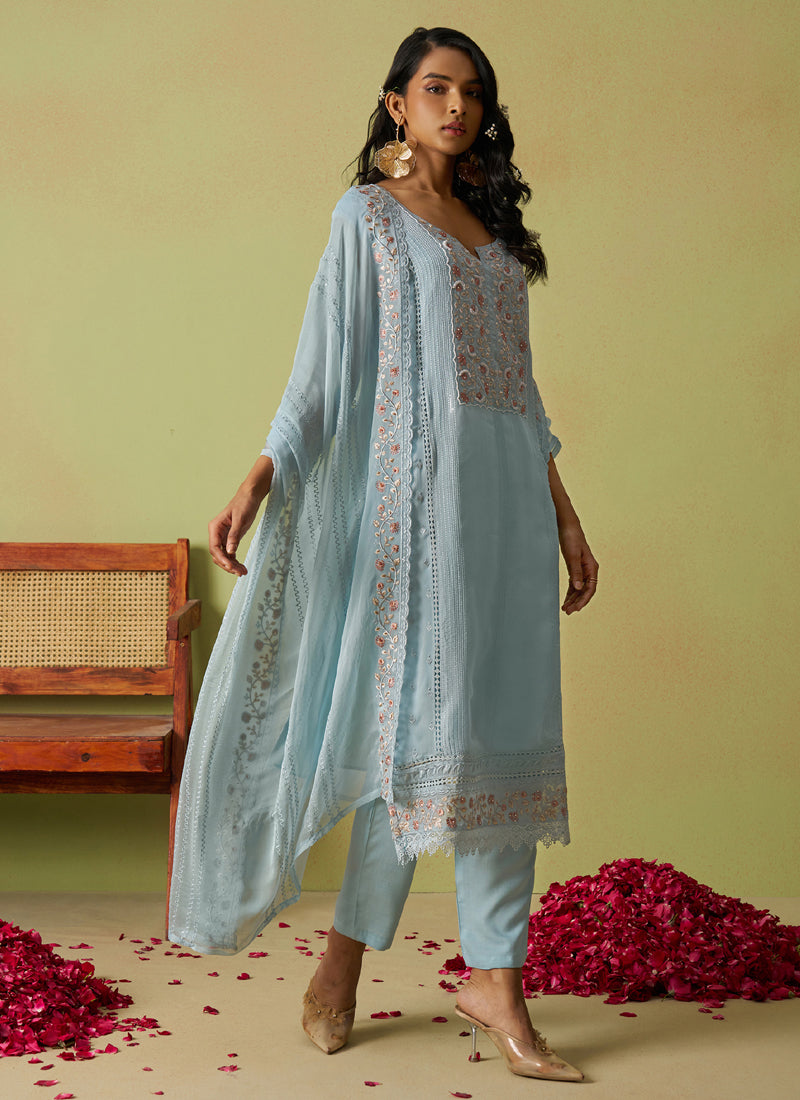 Sky Blue A-Line Organza Embroidered Salwar Suit Set