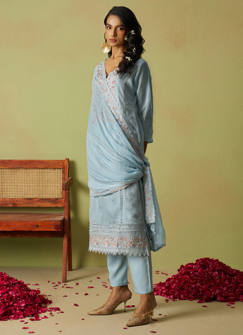 Sky Blue A-Line Organza Embroidered Salwar Suit Set